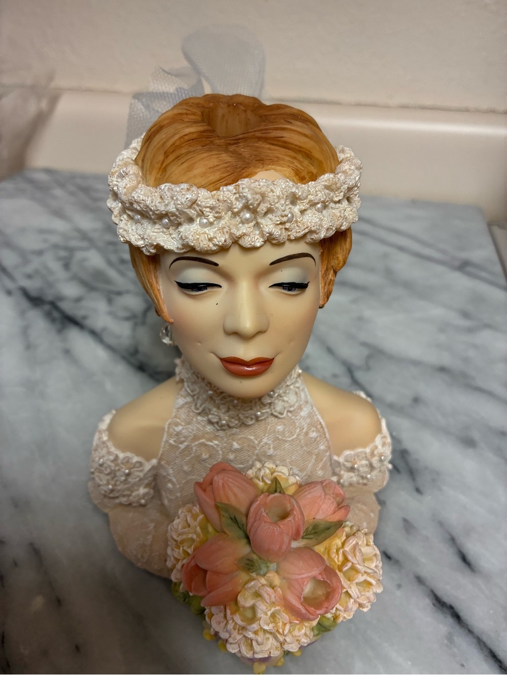 Cameo Girl Vase “Blushing Bride” with Ivory Lace Bridal Headband